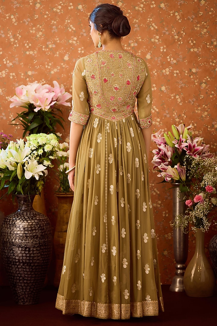 Grey-Green Viscose Brocade Zardosi Embroidered Wedding Anarkali Set by Shyam Narayan Prasad at Pernia's Pop Up Shop