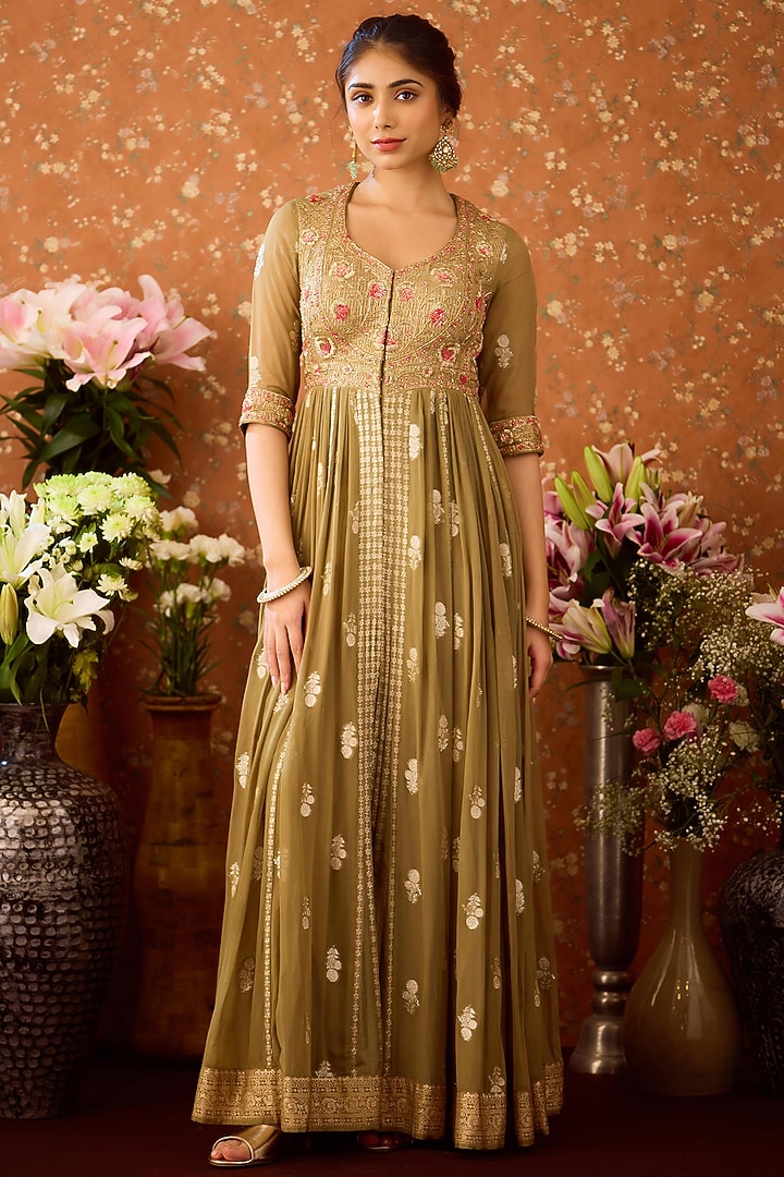 Grey-Green Viscose Brocade Zardosi Embroidered Wedding Anarkali Set by Shyam Narayan Prasad at Pernia's Pop Up Shop