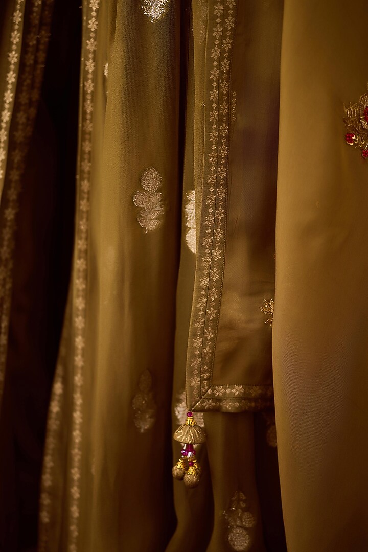 Grey-Green Viscose Brocade Zardosi Embroidered Wedding Anarkali Set by Shyam Narayan Prasad at Pernia's Pop Up Shop