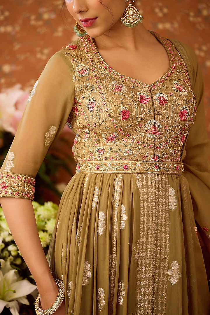 Grey-Green Viscose Brocade Zardosi Embroidered Wedding Anarkali Set by Shyam Narayan Prasad at Pernia's Pop Up Shop