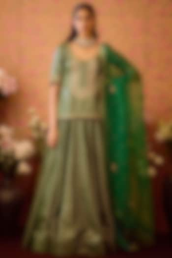 Smoke Pine Green Viscose Brocade & Organza Lehenga Set by Shyam Narayan Prasad