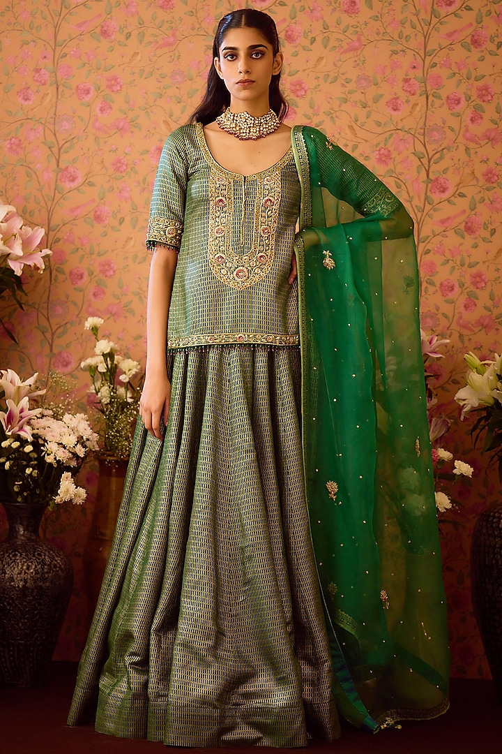 Smoke Pine Green Viscose Brocade & Organza Lehenga Set by Shyam Narayan Prasad