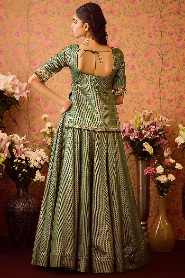 Smoke Pine Green Viscose Brocade & Organza Wedding Lehenga Set by Shyam Narayan Prasad at Pernia's Pop Up Shop