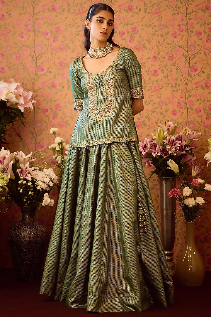 Smoke Pine Green Viscose Brocade & Organza Wedding Lehenga Set by Shyam Narayan Prasad at Pernia's Pop Up Shop