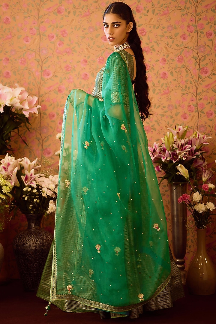 Smoke Pine Green Viscose Brocade & Organza Wedding Lehenga Set by Shyam Narayan Prasad at Pernia's Pop Up Shop