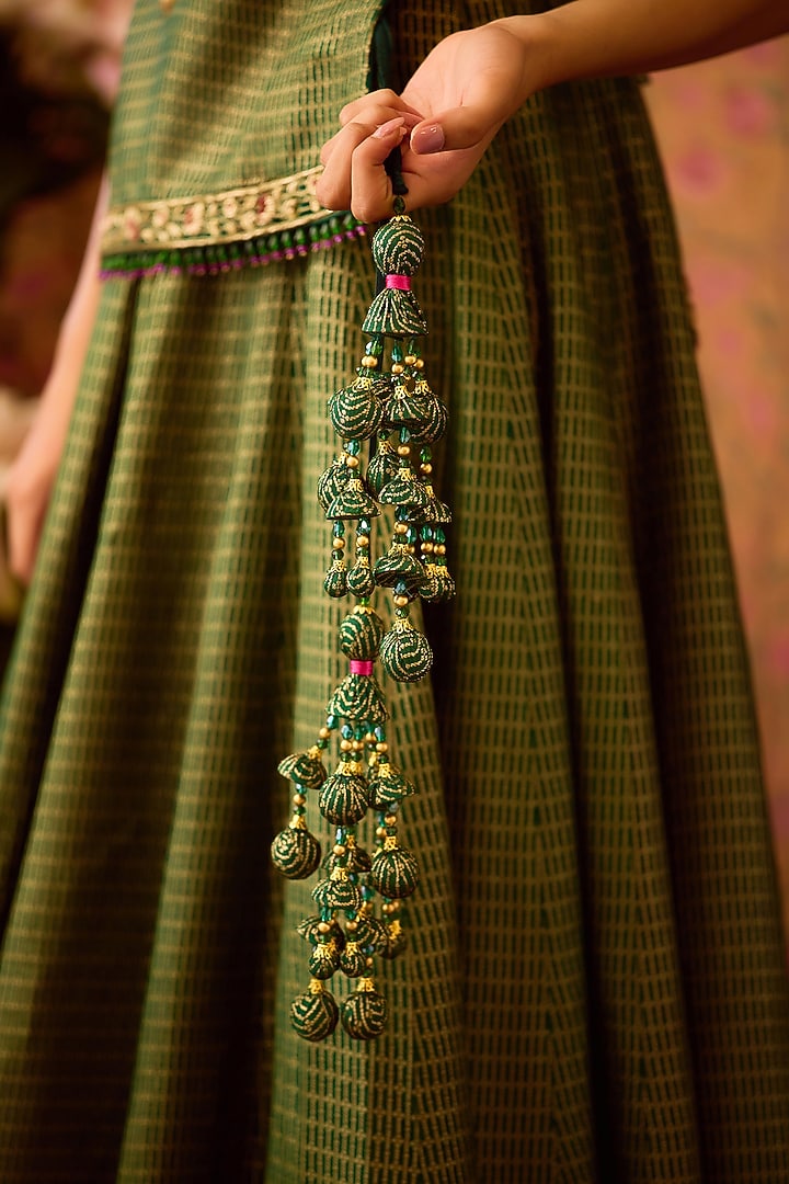 Smoke Pine Green Viscose Brocade & Organza Wedding Lehenga Set by Shyam Narayan Prasad at Pernia's Pop Up Shop
