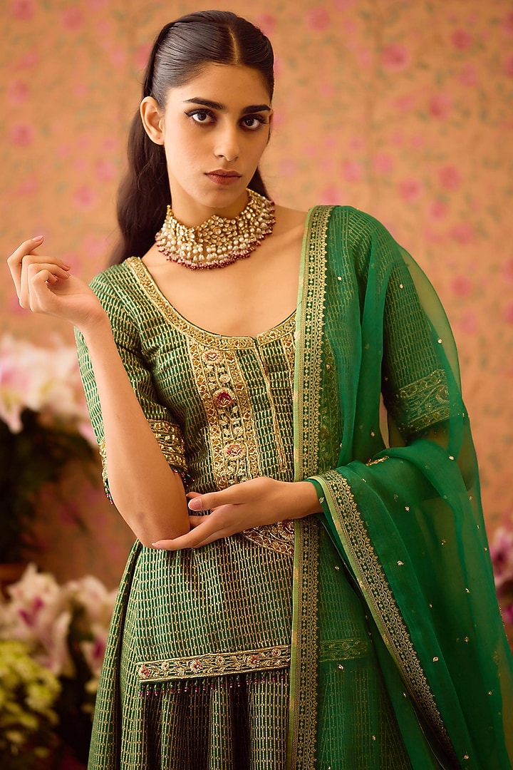 Smoke Pine Green Viscose Brocade & Organza Wedding Lehenga Set by Shyam Narayan Prasad at Pernia's Pop Up Shop