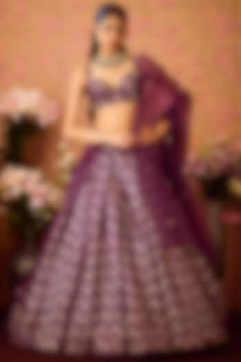 Purple-Wine Brocade Zardosi Embroidered Lehenga Set by Shyam Narayan Prasad