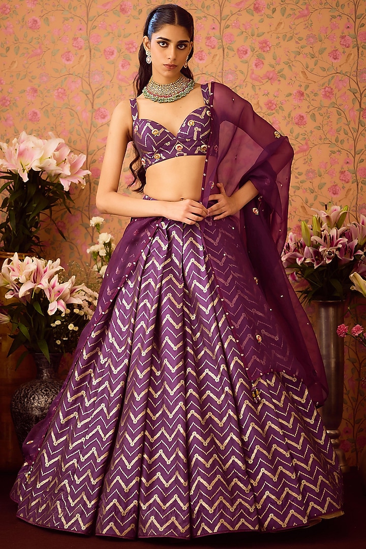 Purple-Wine Brocade Zardosi Embroidered Lehenga Set by Shyam Narayan Prasad