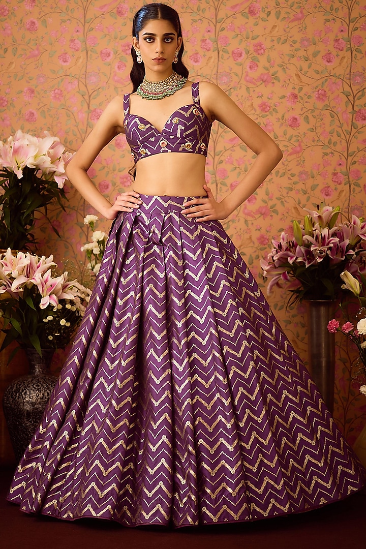 Purple-Wine Brocade Zardosi Embroidered Wedding Lehenga Set by Shyam Narayan Prasad at Pernia's Pop Up Shop