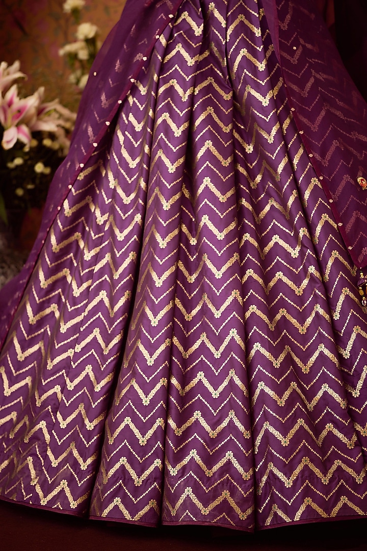 Purple-Wine Brocade Zardosi Embroidered Wedding Lehenga Set by Shyam Narayan Prasad at Pernia's Pop Up Shop
