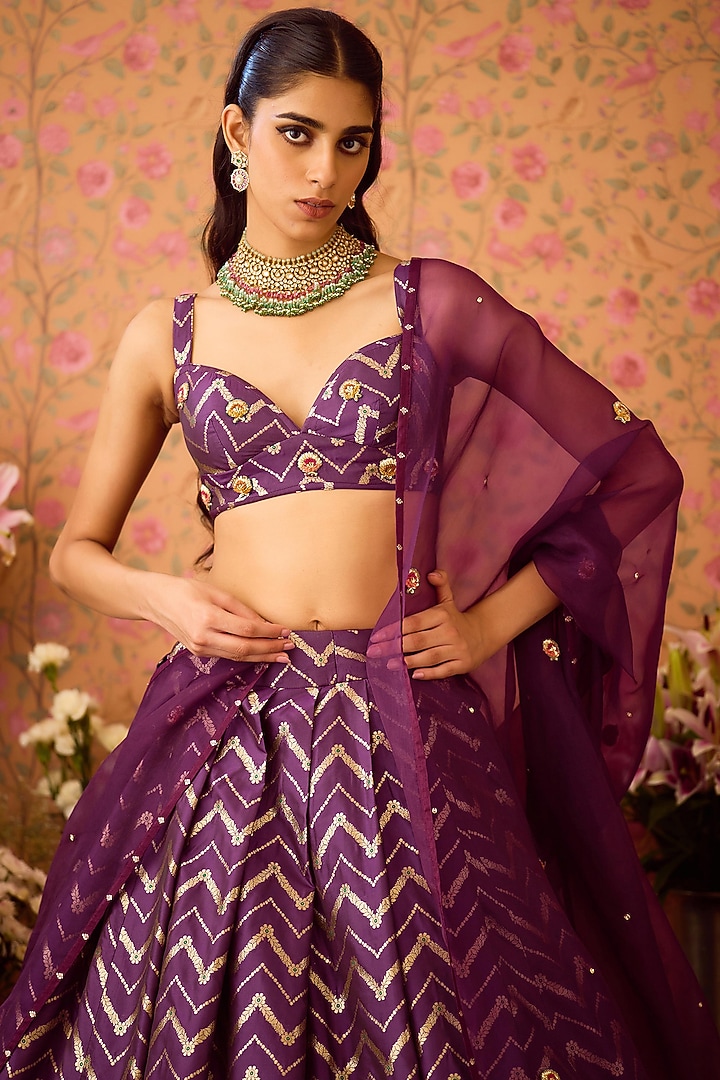 Purple-Wine Brocade Zardosi Embroidered Wedding Lehenga Set by Shyam Narayan Prasad at Pernia's Pop Up Shop