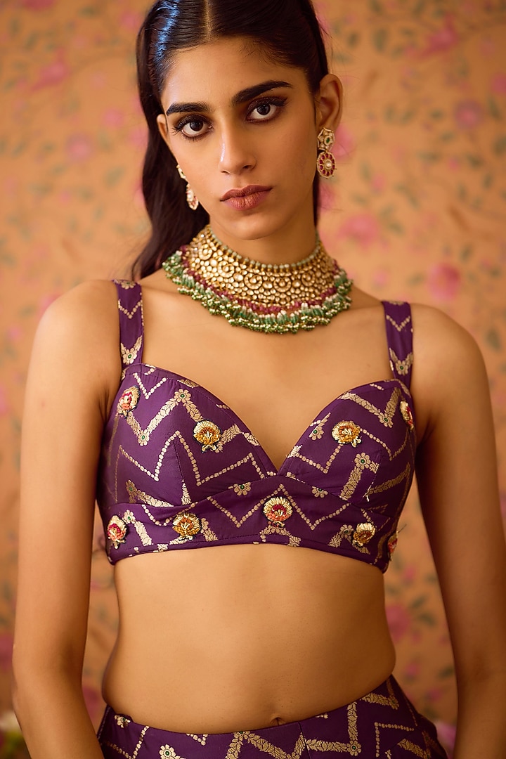 Purple-Wine Brocade Zardosi Embroidered Wedding Lehenga Set by Shyam Narayan Prasad at Pernia's Pop Up Shop