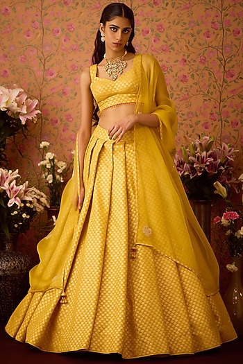 Maize-Yellow Brocade Applique Embroidered Wedding Lehenga Set by Shyam Narayan Prasad at Pernia's Pop Up Shop