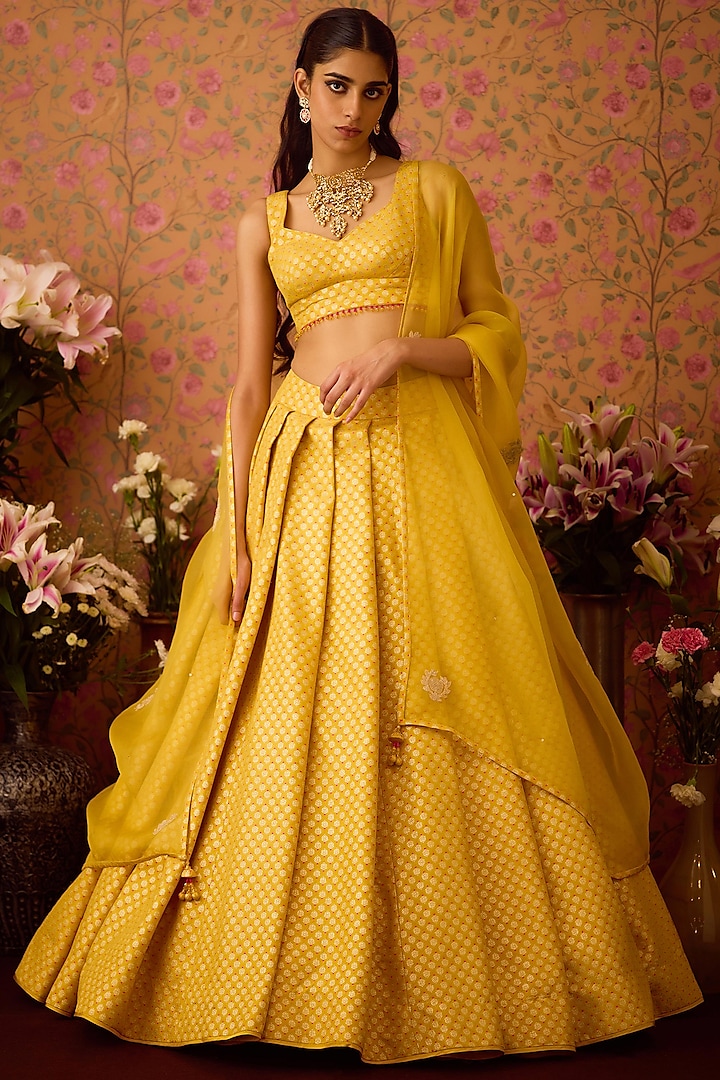 Maize-Yellow Brocade Applique Embroidered Lehenga Set by Shyam Narayan Prasad