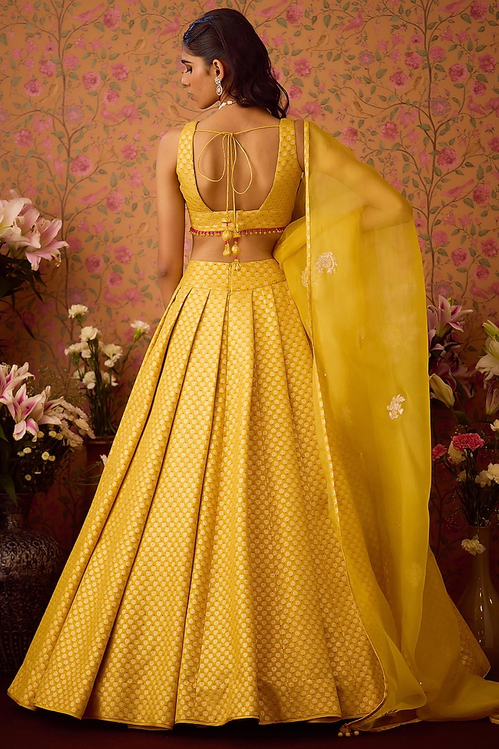 Maize-Yellow Brocade Applique Embroidered Wedding Lehenga Set by Shyam Narayan Prasad at Pernia's Pop Up Shop