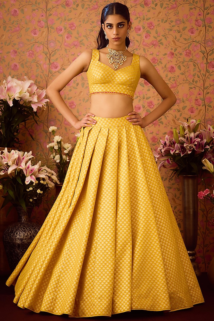 Maize-Yellow Brocade Applique Embroidered Wedding Lehenga Set by Shyam Narayan Prasad at Pernia's Pop Up Shop