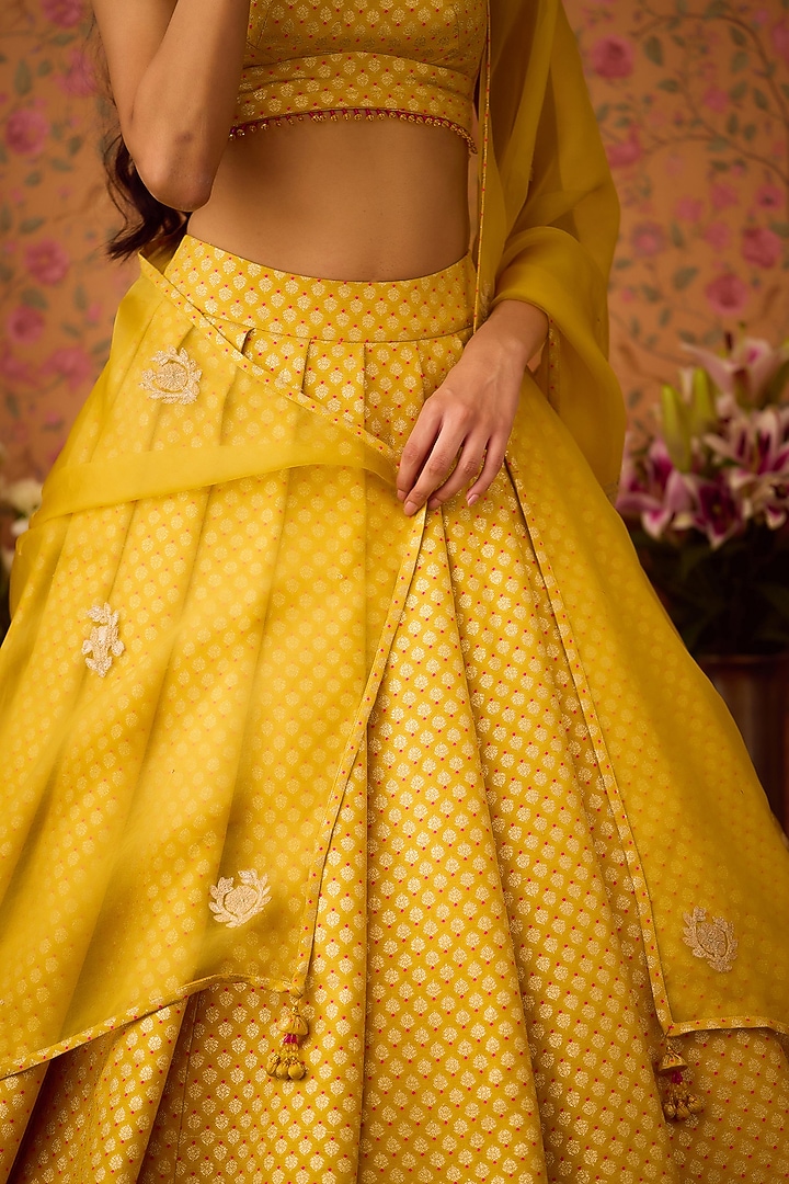 Maize-Yellow Brocade Applique Embroidered Wedding Lehenga Set by Shyam Narayan Prasad at Pernia's Pop Up Shop
