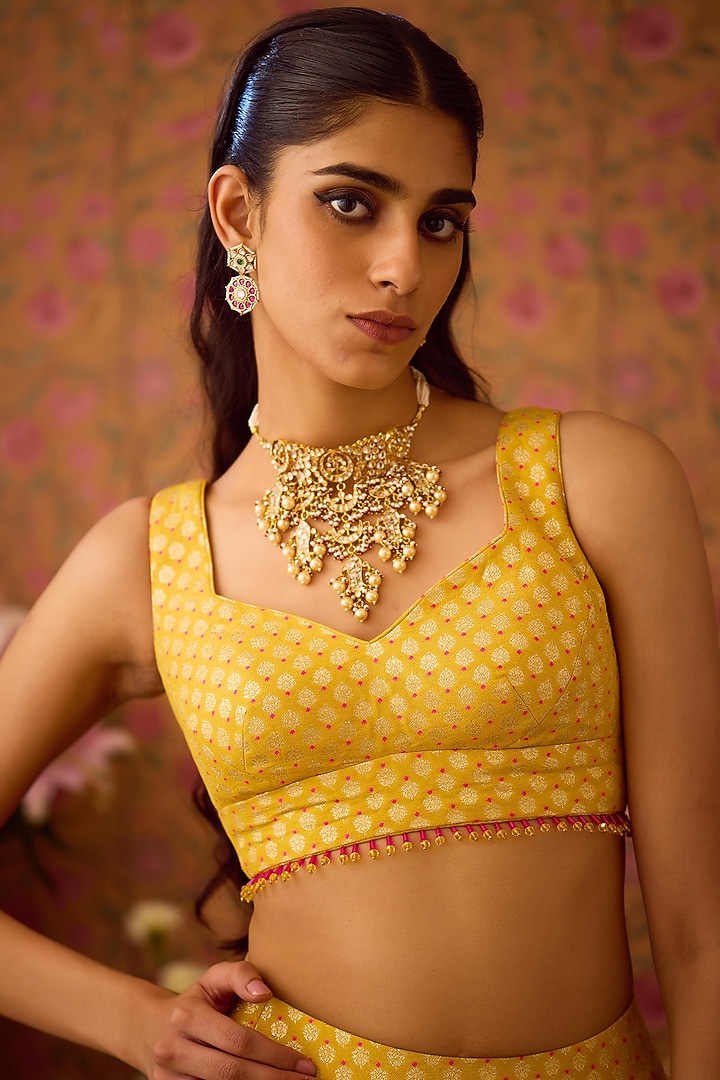 Maize-Yellow Brocade Applique Embroidered Wedding Lehenga Set by Shyam Narayan Prasad at Pernia's Pop Up Shop