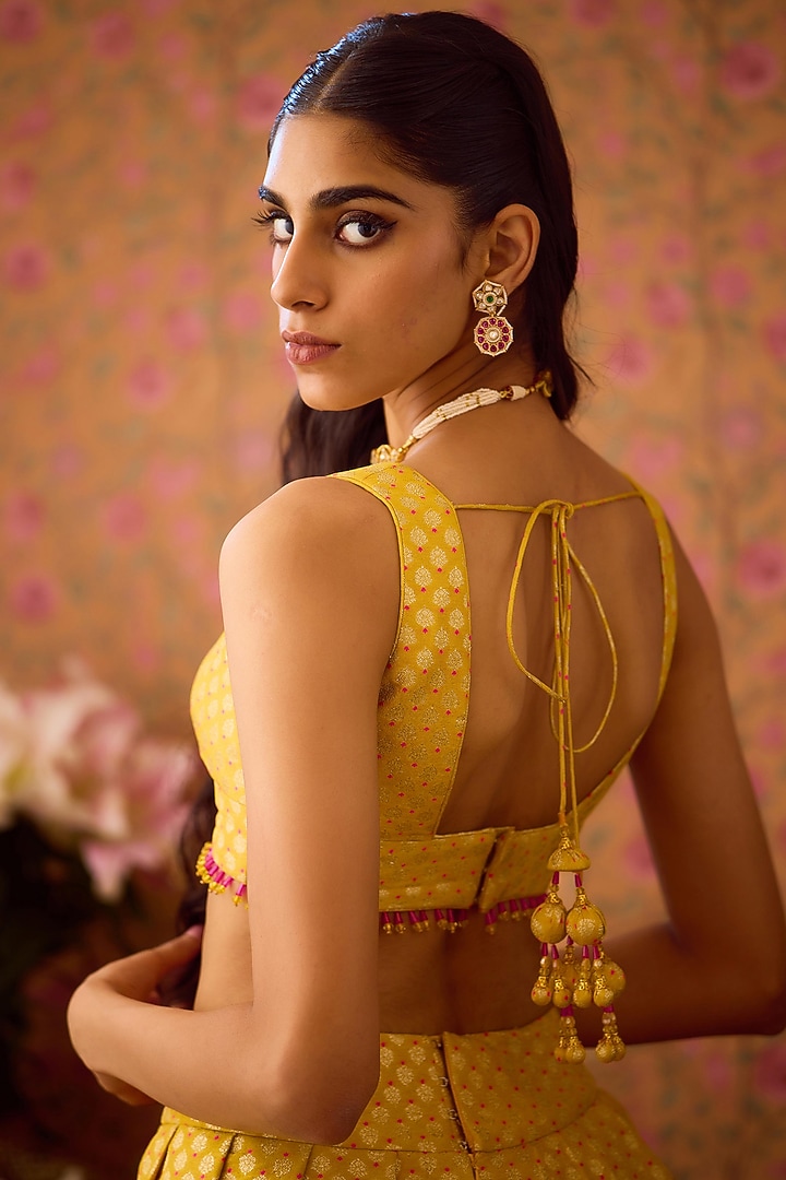 Maize-Yellow Brocade Applique Embroidered Wedding Lehenga Set by Shyam Narayan Prasad at Pernia's Pop Up Shop