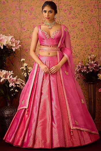 Rose Pink Brocade Zardosi Embroidered Wedding Lehenga Set by Shyam Narayan Prasad at Pernia's Pop Up Shop