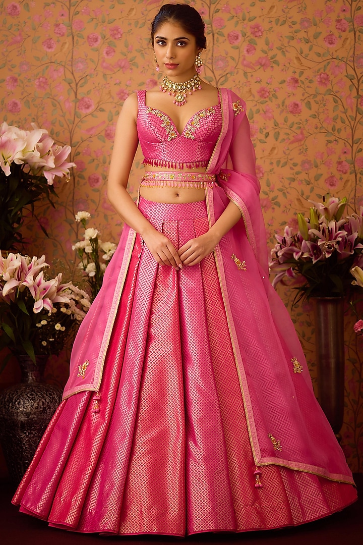 Rose Pink Brocade Zardosi Embroidered Lehenga Set by Shyam Narayan Prasad