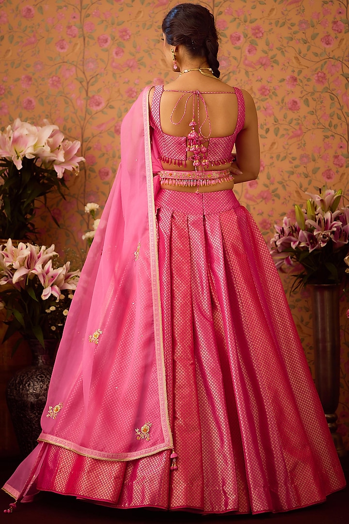 Rose Pink Brocade Zardosi Embroidered Wedding Lehenga Set by Shyam Narayan Prasad at Pernia's Pop Up Shop