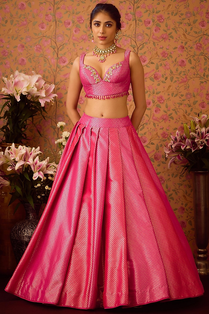 Rose Pink Brocade Zardosi Embroidered Wedding Lehenga Set by Shyam Narayan Prasad at Pernia's Pop Up Shop