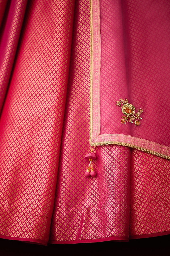Rose Pink Brocade Zardosi Embroidered Wedding Lehenga Set by Shyam Narayan Prasad at Pernia's Pop Up Shop