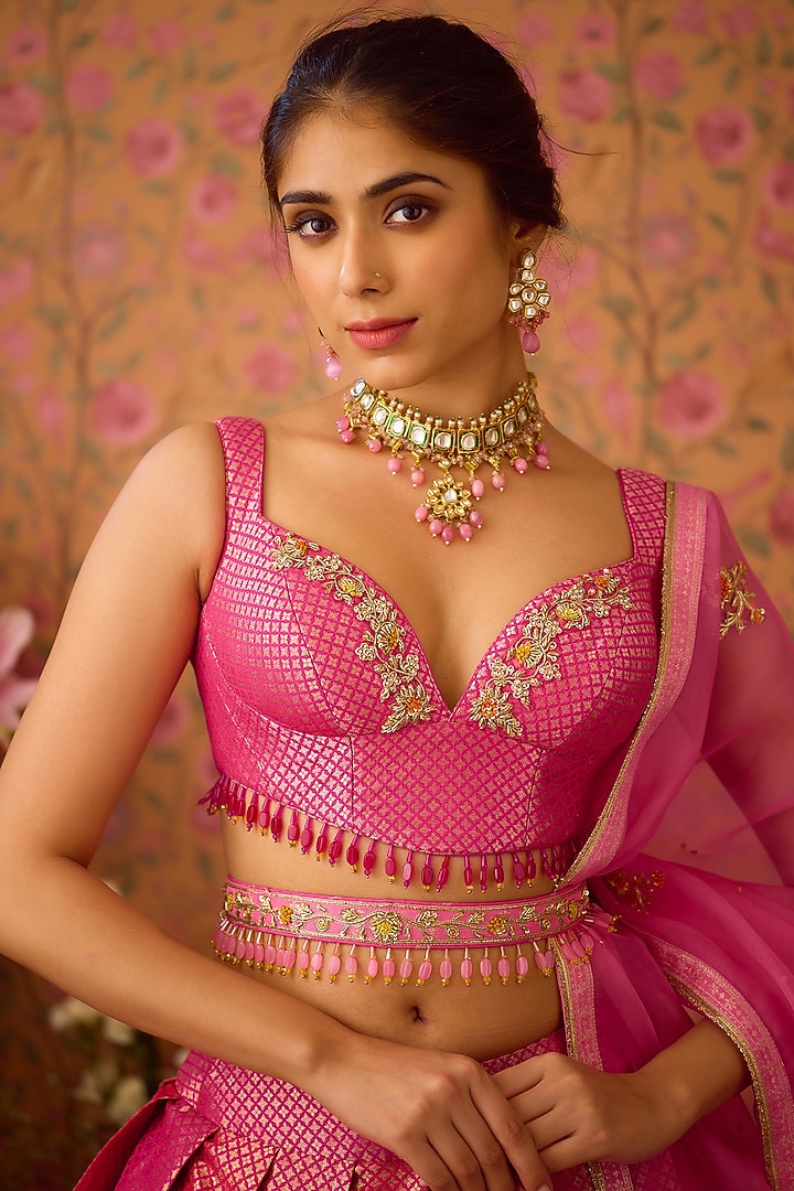 Rose Pink Brocade Zardosi Embroidered Wedding Lehenga Set by Shyam Narayan Prasad at Pernia's Pop Up Shop