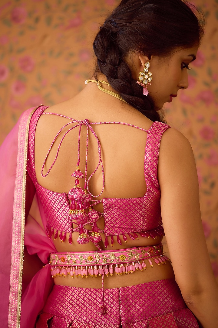 Rose Pink Brocade Zardosi Embroidered Wedding Lehenga Set by Shyam Narayan Prasad at Pernia's Pop Up Shop