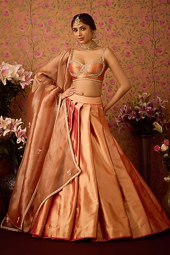 Gold-Pink Brocade Zardosi Embroidered Wedding Lehenga Set by Shyam Narayan Prasad at Pernia's Pop Up Shop