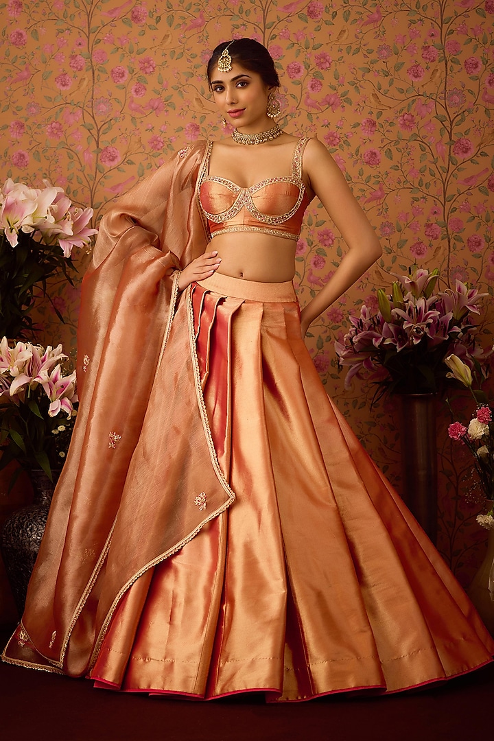 Gold-Pink Brocade Zardosi Embroidered Lehenga Set by Shyam Narayan Prasad