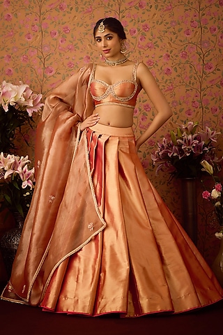 Gold-Pink Brocade Zardosi Embroidered Lehenga Set by Shyam Narayan Prasad