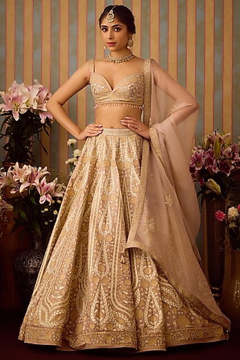 Smoke Grey-Gold Raw Silk Applique Embroidered Wedding Lehenga Set by Shyam Narayan Prasad at Pernia's Pop Up Shop
