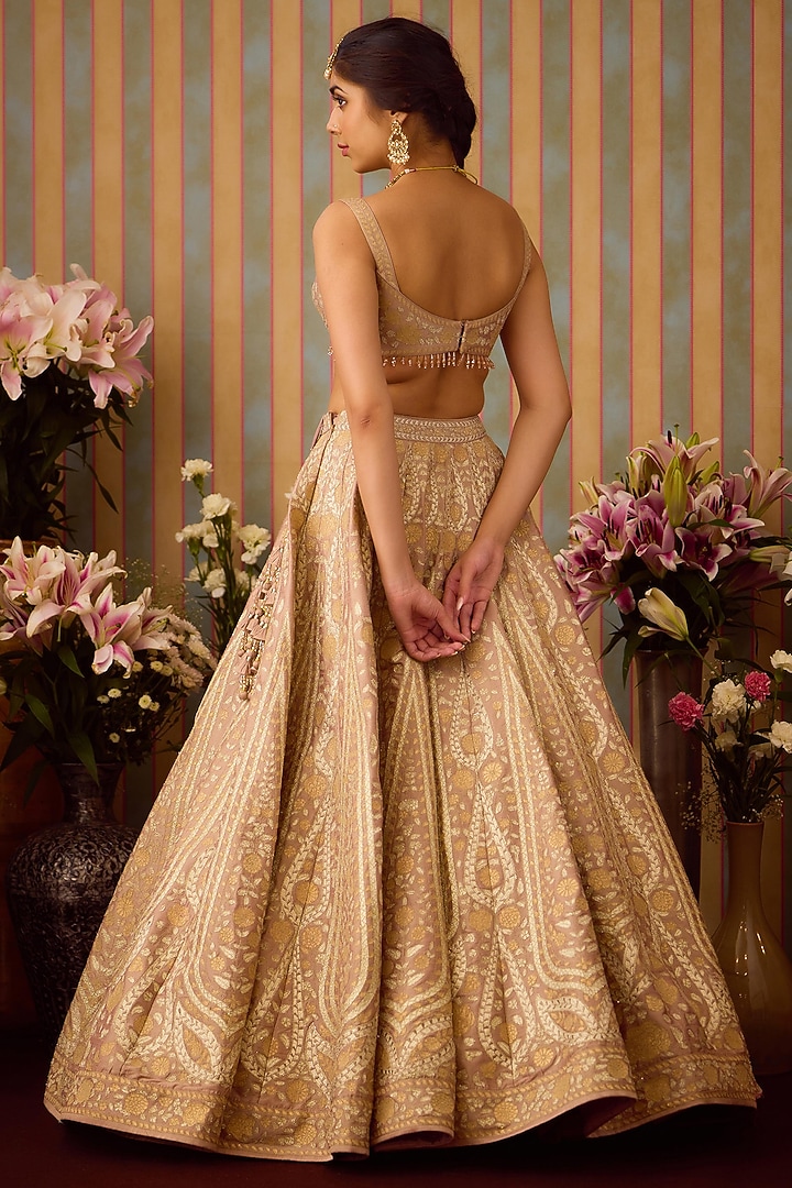 Smoke Grey-Gold Raw Silk Applique Embroidered Wedding Lehenga Set by Shyam Narayan Prasad at Pernia's Pop Up Shop