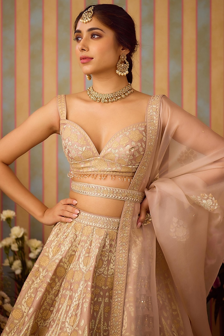 Smoke Grey-Gold Raw Silk Applique Embroidered Wedding Lehenga Set by Shyam Narayan Prasad at Pernia's Pop Up Shop