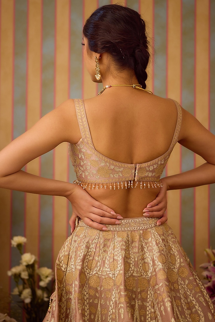 Smoke Grey-Gold Raw Silk Applique Embroidered Wedding Lehenga Set by Shyam Narayan Prasad at Pernia's Pop Up Shop