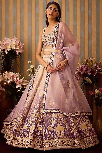 Lilac Mauve Raw Silk Applique Embroidered Wedding Lehenga Set by Shyam Narayan Prasad at Pernia's Pop Up Shop