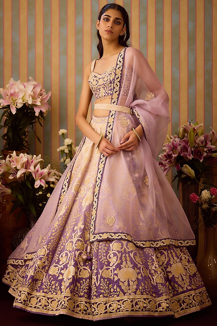 Lilac Mauve Raw Silk Applique Embroidered Lehenga Set by Shyam Narayan Prasad