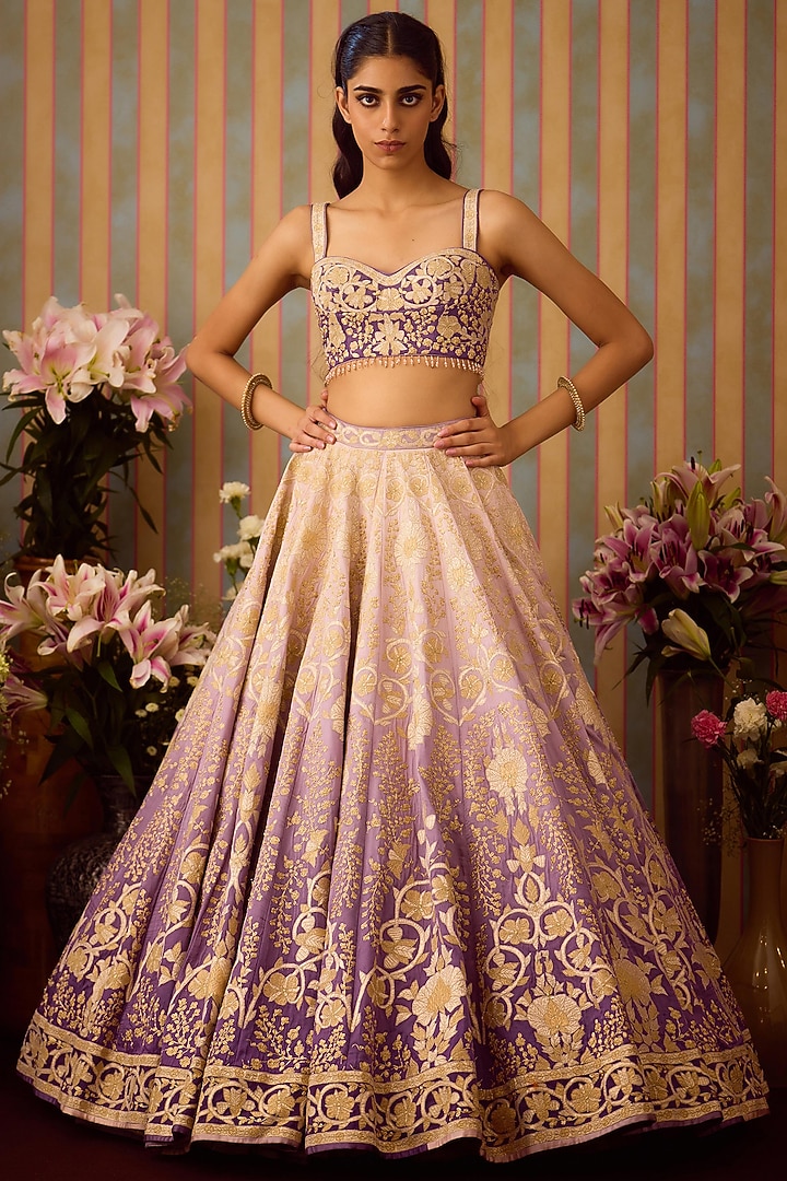 Lilac Mauve Raw Silk Applique Embroidered Wedding Lehenga Set by Shyam Narayan Prasad at Pernia's Pop Up Shop