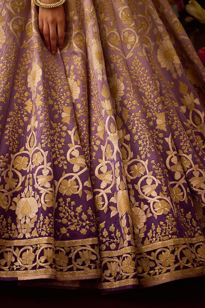 Lilac Mauve Raw Silk Applique Embroidered Wedding Lehenga Set by Shyam Narayan Prasad at Pernia's Pop Up Shop