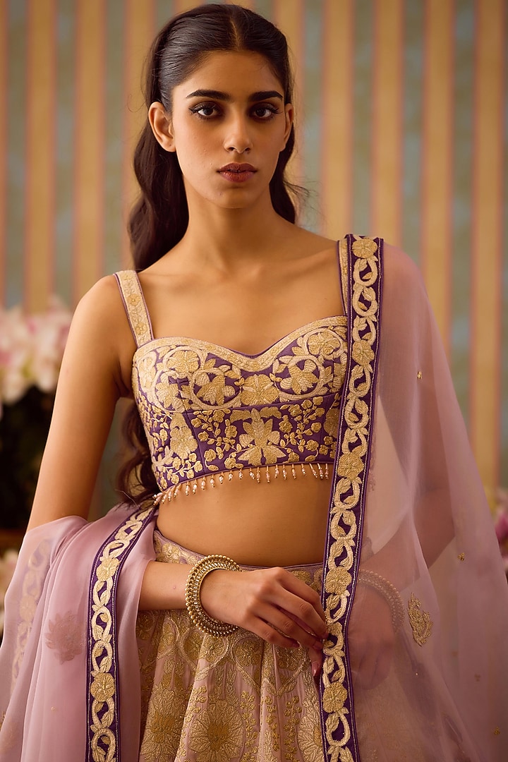 Lilac Mauve Raw Silk Applique Embroidered Wedding Lehenga Set by Shyam Narayan Prasad at Pernia's Pop Up Shop
