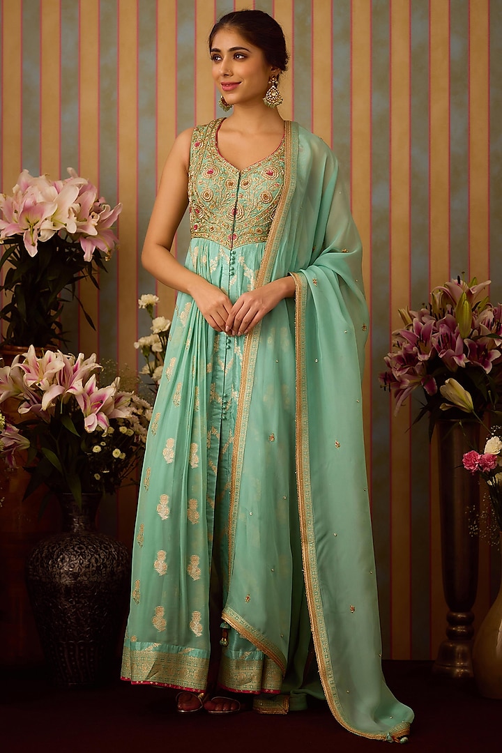 Grey-Green Brocade Zardosi Embroidered Anarkali Set by Shyam Narayan Prasad