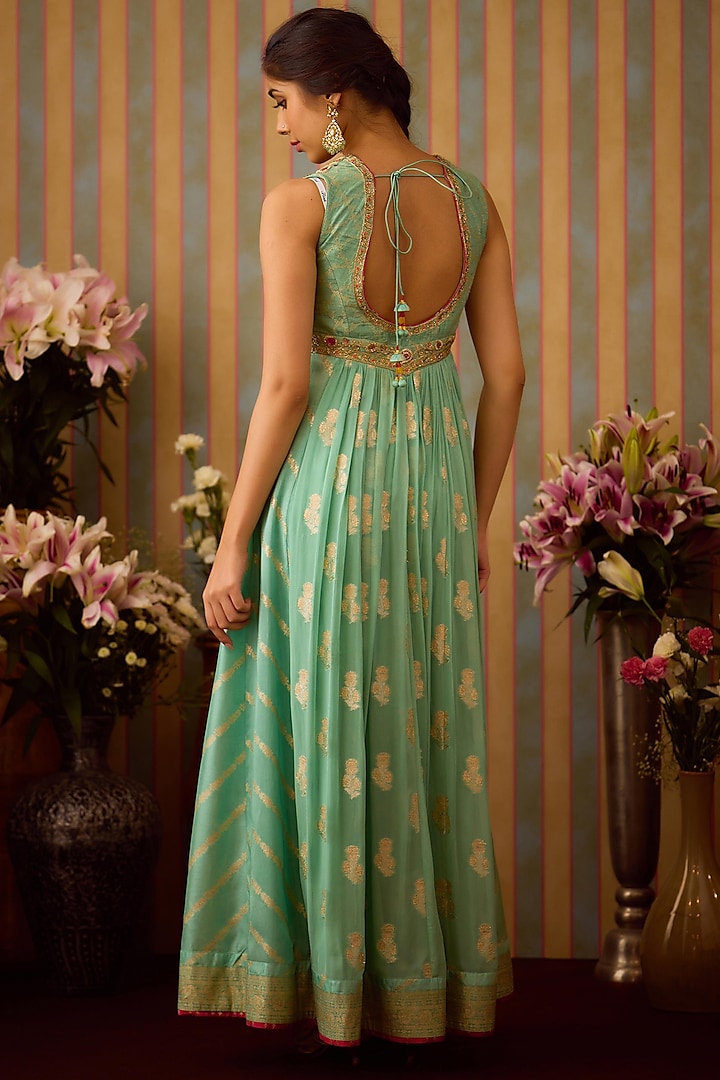 Grey-Green Brocade Zardosi Embroidered Wedding Anarkali Set by Shyam Narayan Prasad at Pernia's Pop Up Shop