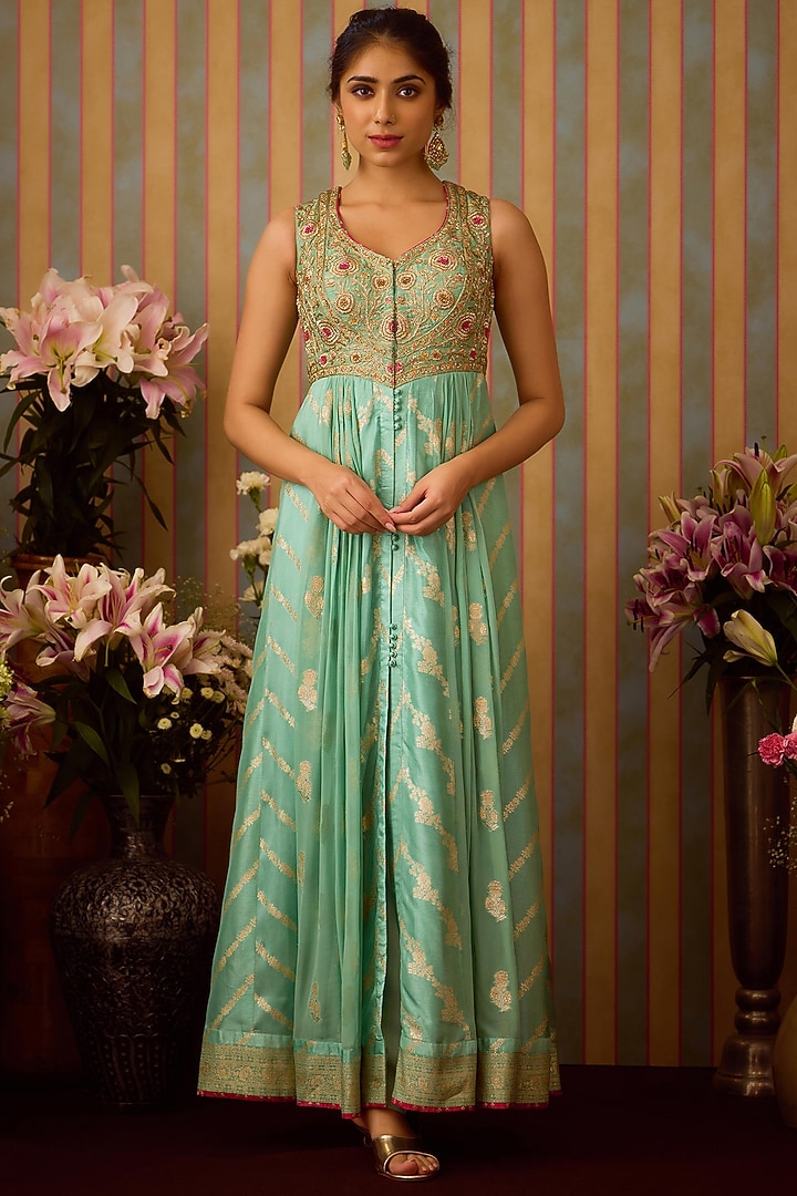 Grey-Green Brocade Zardosi Embroidered Wedding Anarkali Set by Shyam Narayan Prasad at Pernia's Pop Up Shop