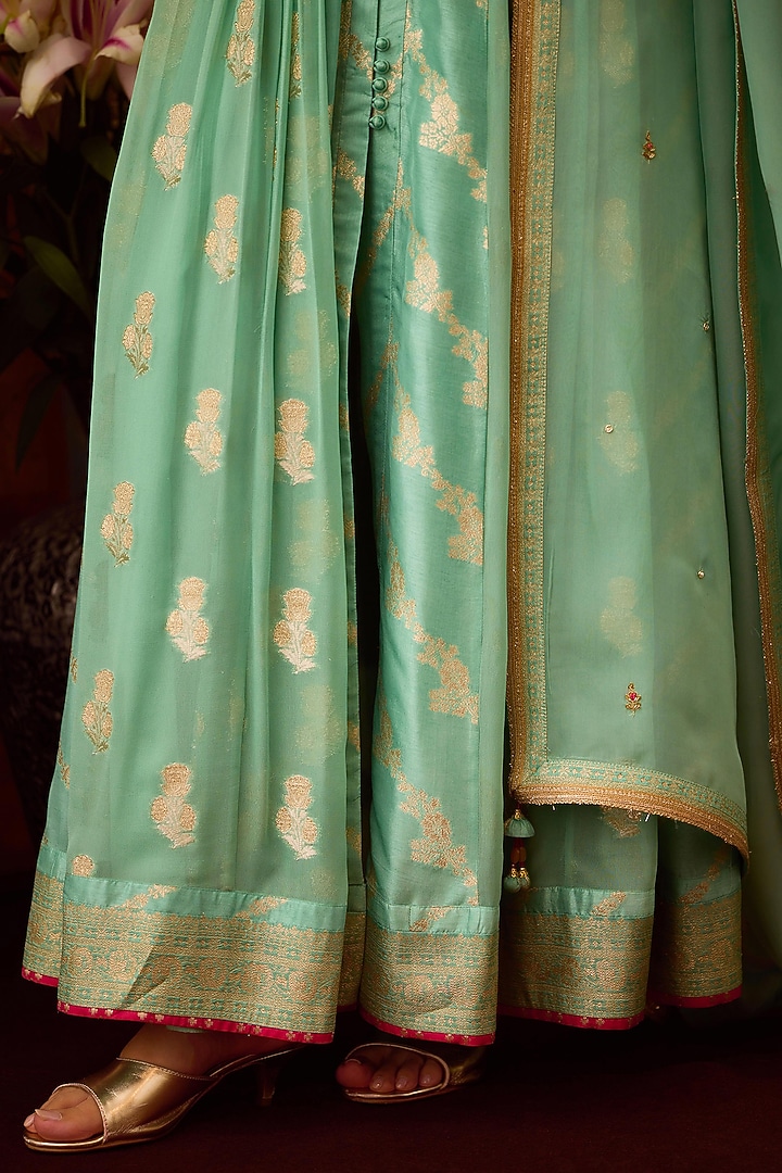 Grey-Green Brocade Zardosi Embroidered Wedding Anarkali Set by Shyam Narayan Prasad at Pernia's Pop Up Shop