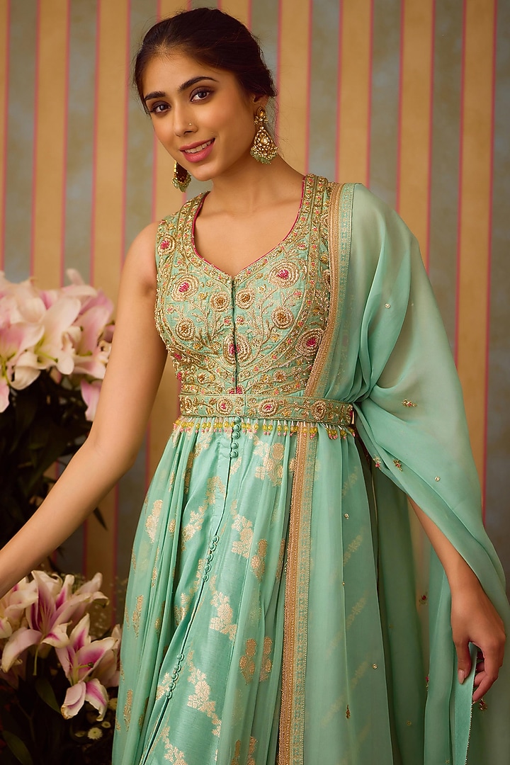 Grey-Green Brocade Zardosi Embroidered Wedding Anarkali Set by Shyam Narayan Prasad at Pernia's Pop Up Shop