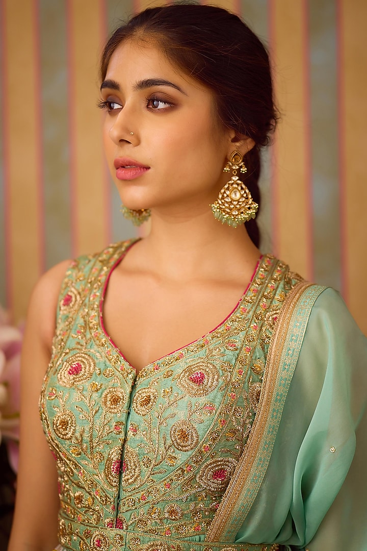 Grey-Green Brocade Zardosi Embroidered Wedding Anarkali Set by Shyam Narayan Prasad at Pernia's Pop Up Shop