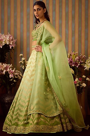 Meadow Green Silk Zari Embroidered Wedding Lehenga Set by Shyam Narayan Prasad at Pernia's Pop Up Shop